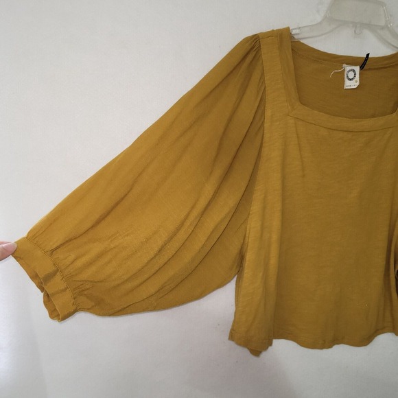 Anthropologie Akemi Kin Decker Top Womens XS Mustard 3/4 Sheer Balloon Sleeve - Picture 2 of 12